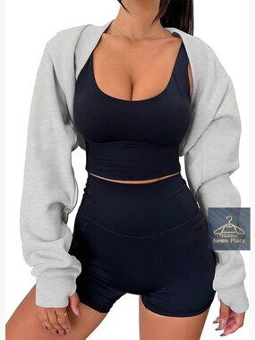 Long Sleeve Fleece Bolero Shrug with Thumb Holes Loose Fit Cropped